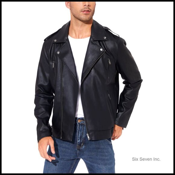 Faux Leather Bomber Jacket Slim Fit Motorcycle Biker Coat Stand Collar